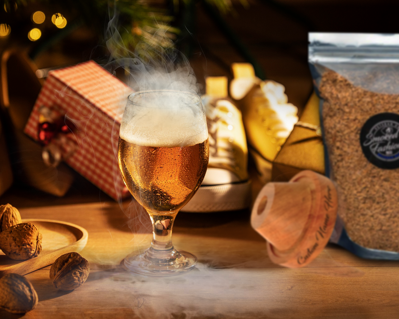 A smoked cocktail with visible swirling smoke on a festive table