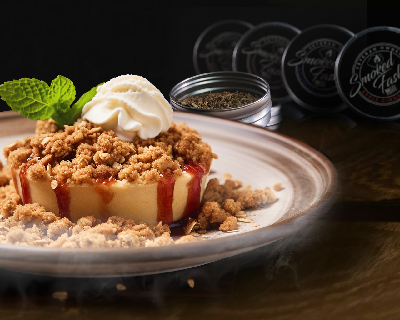 Smoked apple crisp served with vanilla ice cream for Thanksgiving