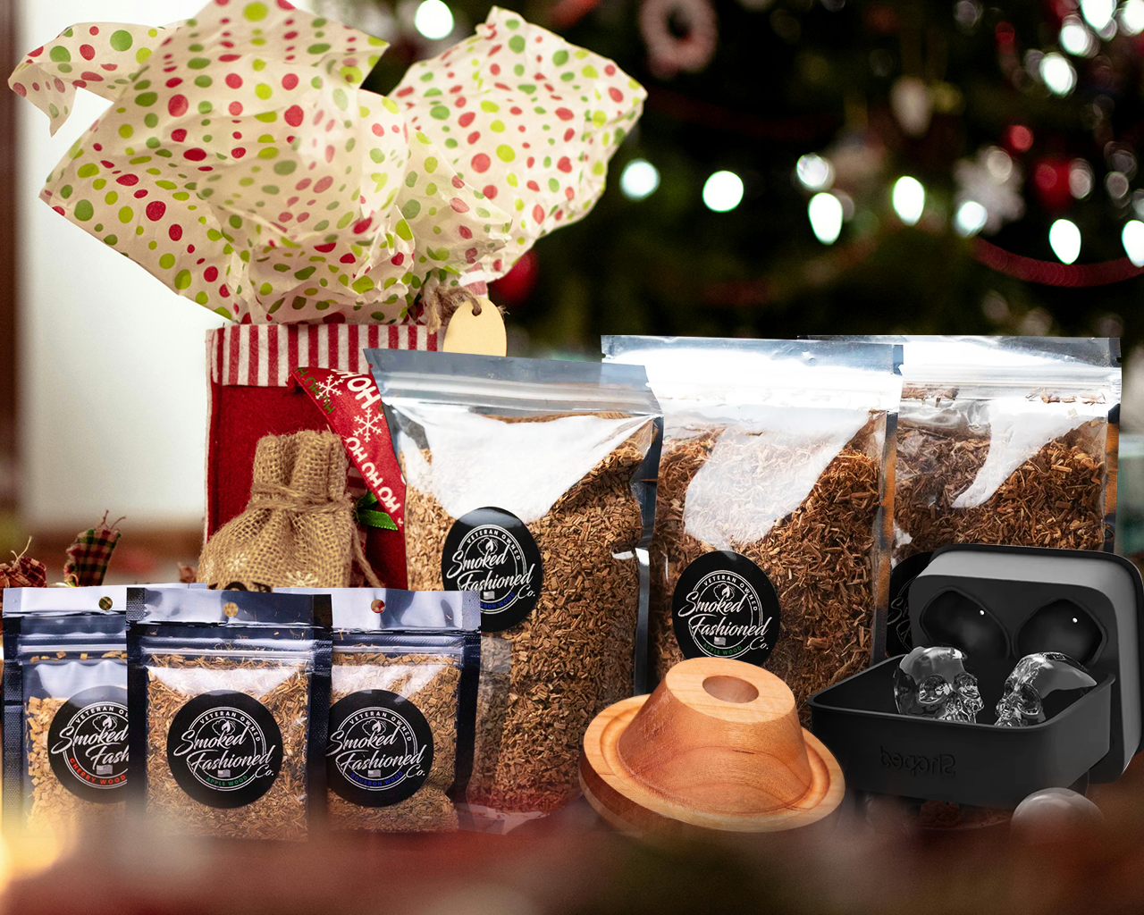 A set of Smoked Fashioned products under $50 arranged as holiday gifts